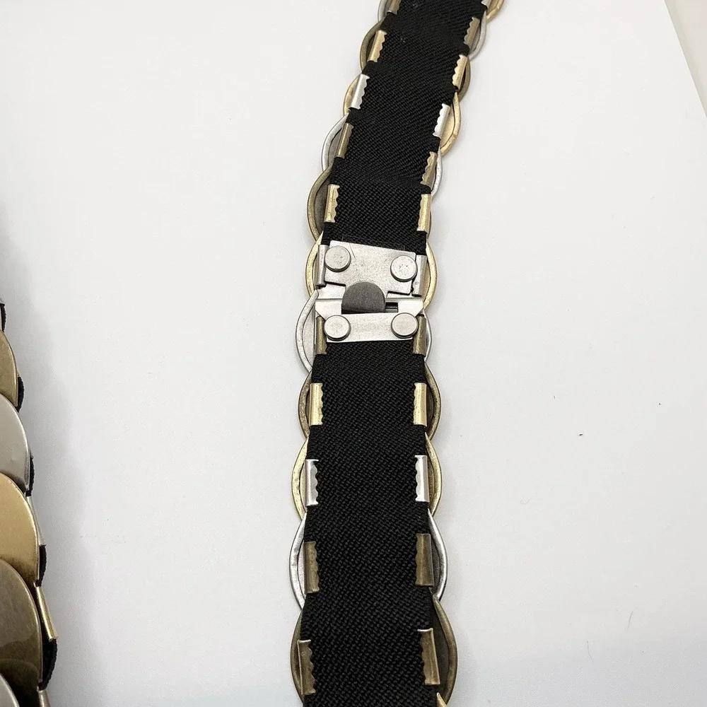Tricolor Gold Silver Medallion Metal Coin Stretch Belt 70s 80s Glam Disco Large
